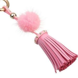 Porte clef cuir pompon rose